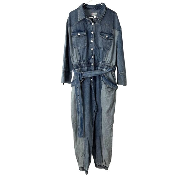 LAtiste by Amy Womens 2X  Jumpsuit Blue Two-Tone Denim Long Sleeve One-Piece NEW - Picture 1 of 5